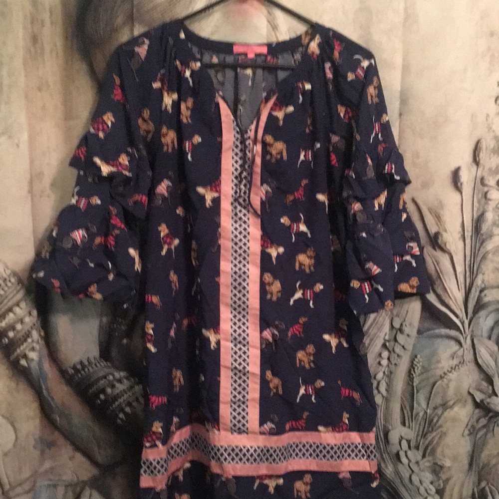 Navy Dog-Print Ruffle Sleeve Tunic with Pink Trim